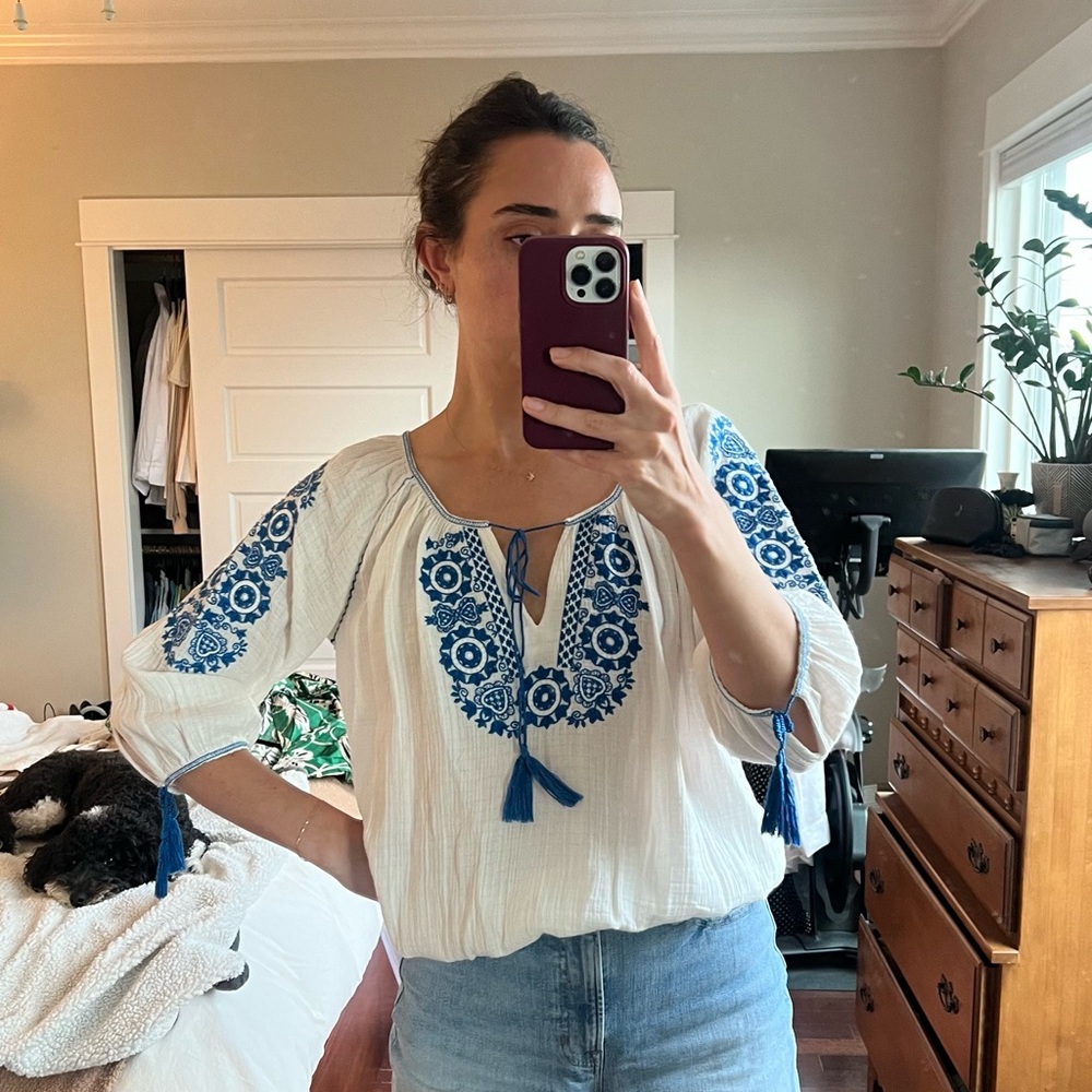 JCrew linen blouse with floral embroidery